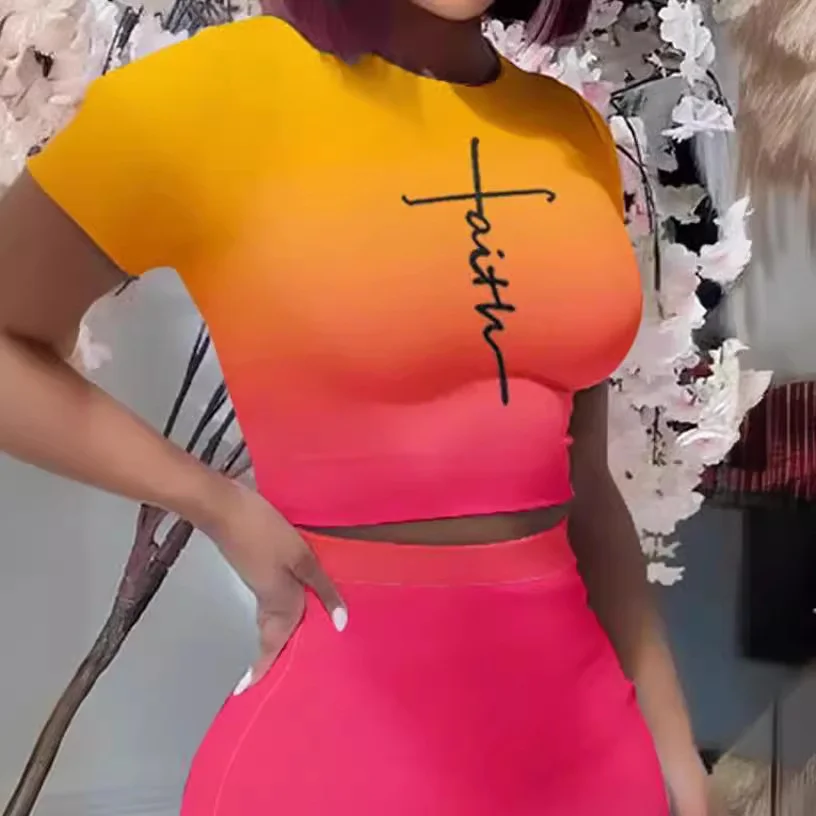 Wongn Wongn Women's Round Collar Short-Sleeved T-Shirt Wrapped Hip Skirt Print Leak Umbilical Slim Sexy Suit