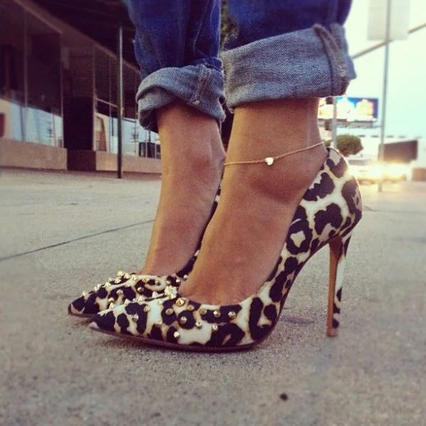 Women's Leopard Print Stiletto Heels Dress Shoes Pointed Toe Rivets Pumps |FSJ Shoes