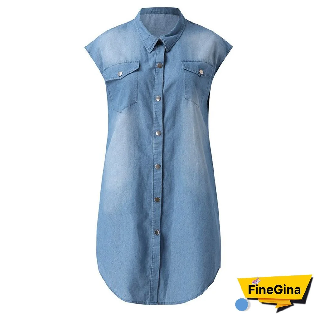 Back To School Outfit  Gothic Women Pocket Denim Dress Sleeveless Turn Down Collar Button Down Denim Casual Dress Vestido Mujer