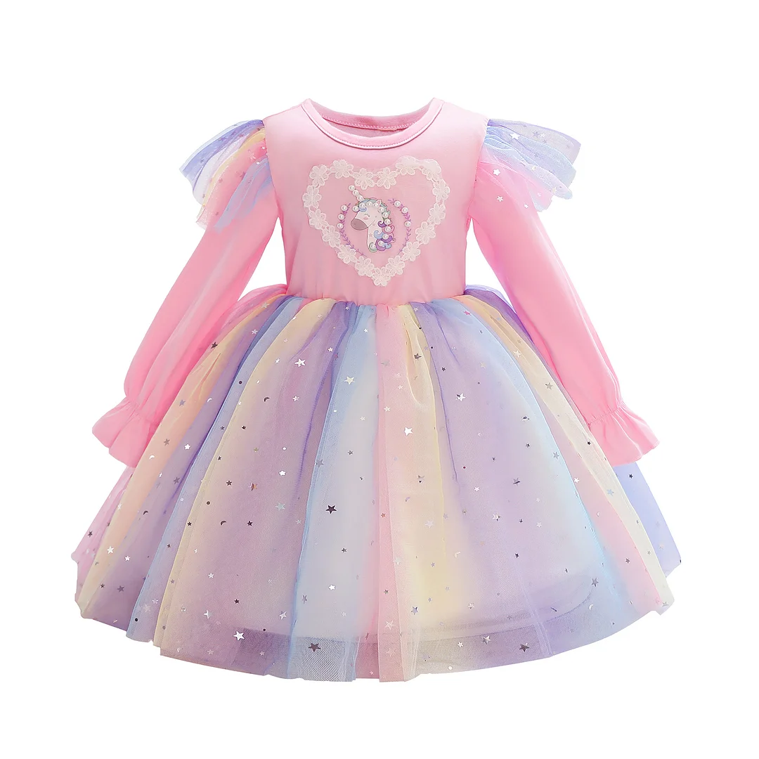 Buzzdaisy Unicorn Princess Dress For Girl Crew Neck Colorful Swing Dress Long Sleeve Candy Cotton Princess Dress Children'S Birthdays