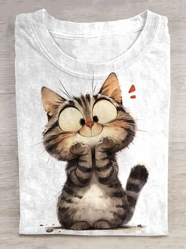 VChics Cute Cat Art Print Casual Short Sleeve T-Shirt