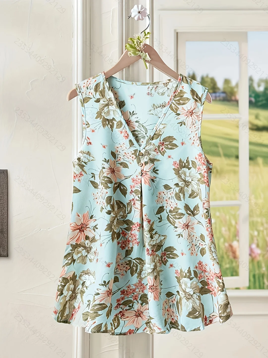Women's Elegant Floral Print V-Neck Sleeveless Tank Top - Lightweight, Breathable Fabric For Spring/Summer/Fall, Stylish V-Neck Design With Vibrant Pink And Green Floral Pattern, Sleeveless Fashion | Vneck Tank Top | Stylish Backless Design | IFYHOME
