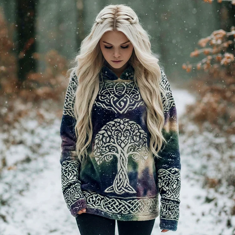 Women's Vintage Viking Celtic Tree Of Life Gradient Art Plush Cozy Hoodie