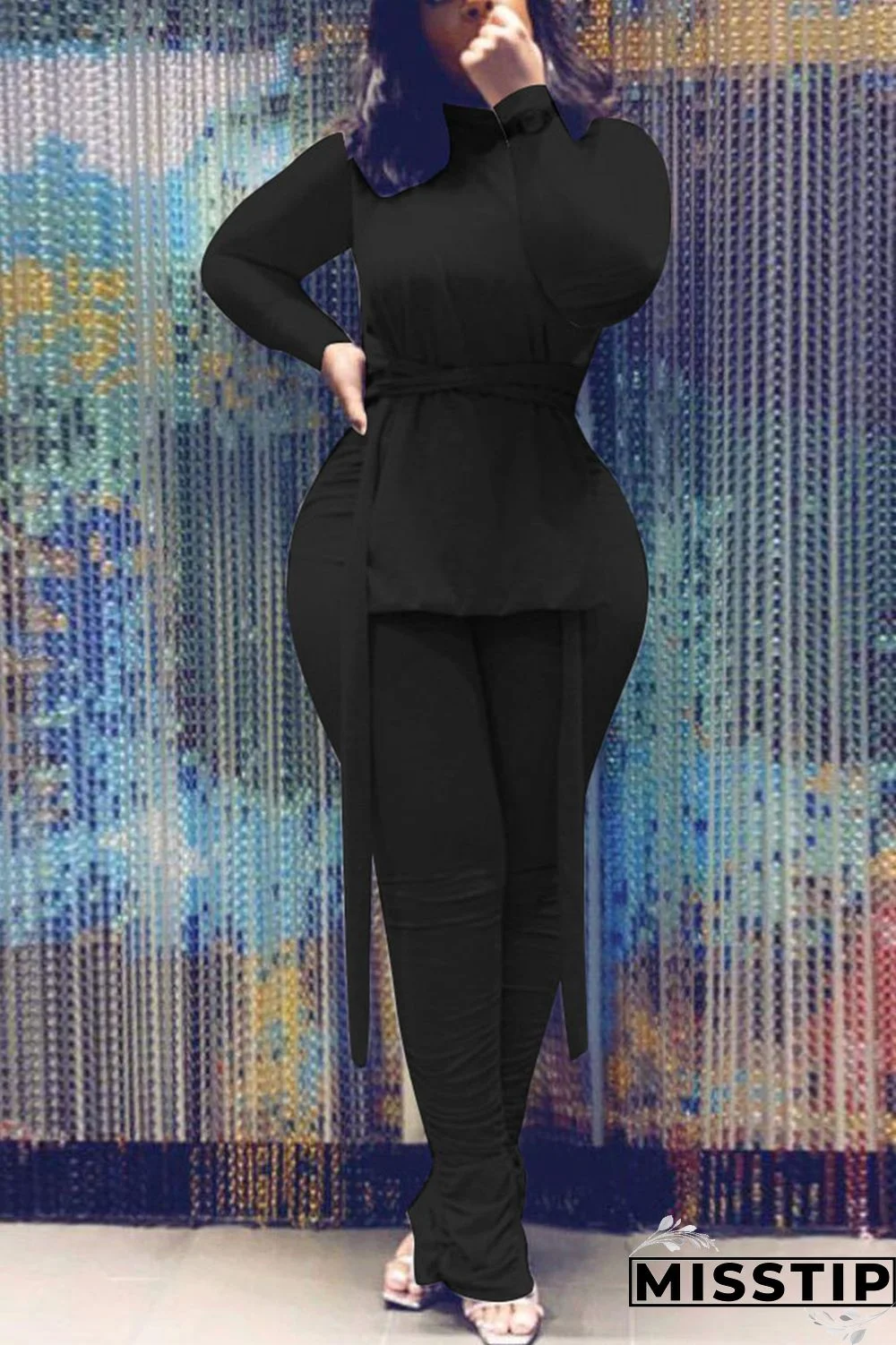 Black Street Solid Fold Turtleneck Long Sleeve Two Pieces