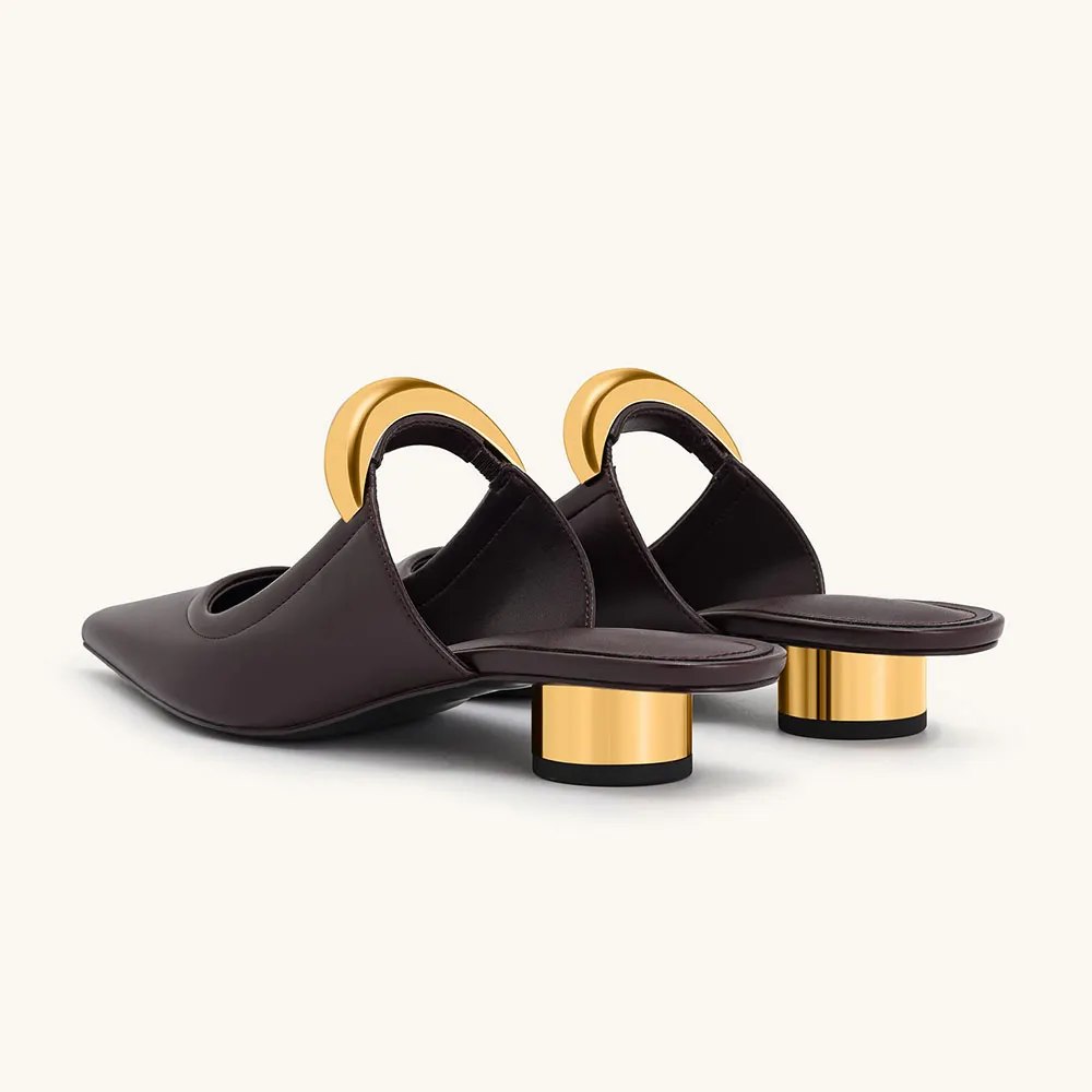 Dark Chocolate Brown Cylinder Heel Mules Shoes with Metal Strap