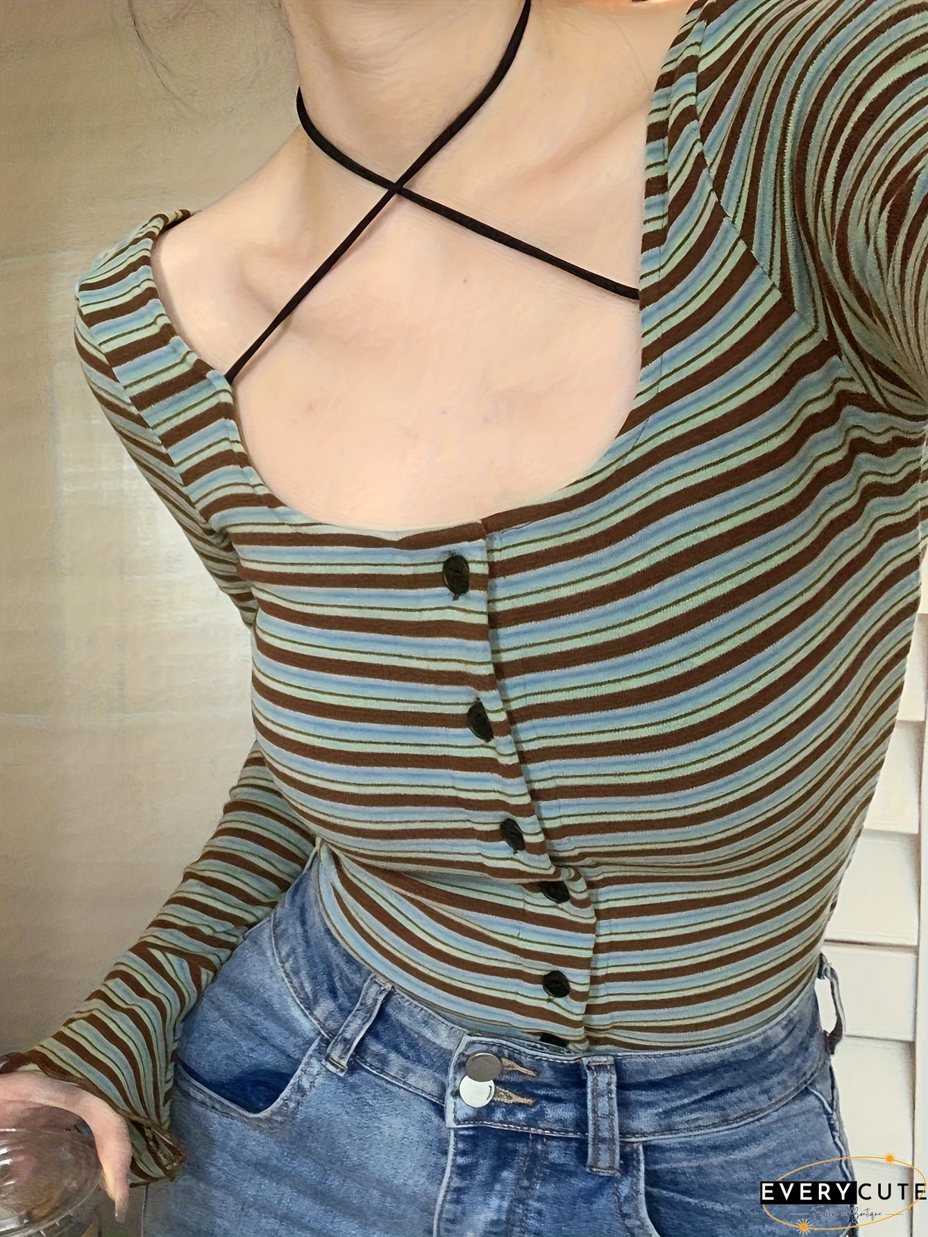 Striped Print Button Front T-Shirt Casual Cross Tie Neck Long Sleeve For Spring Fall