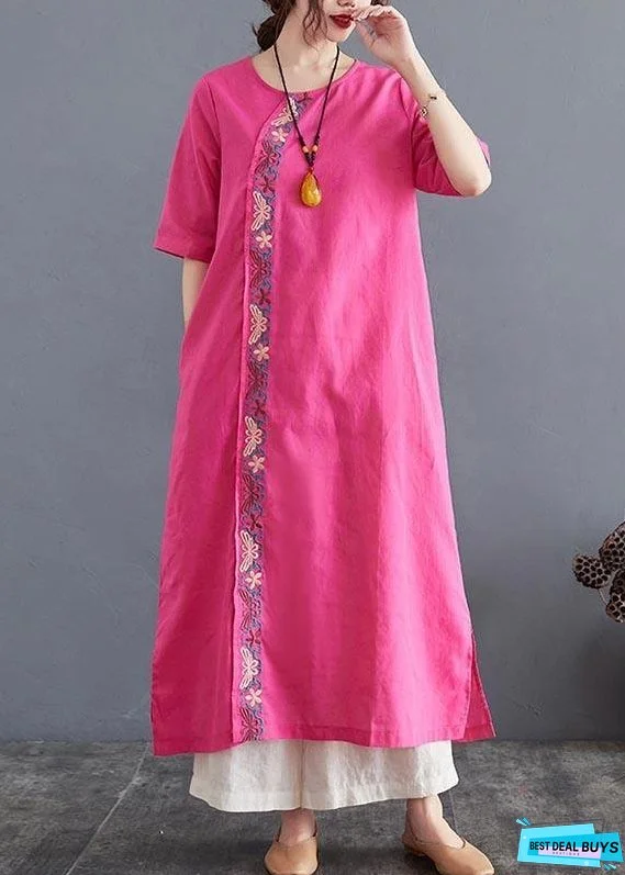 Organic Rose side open Cotton Linen Summer Vacation Dresses