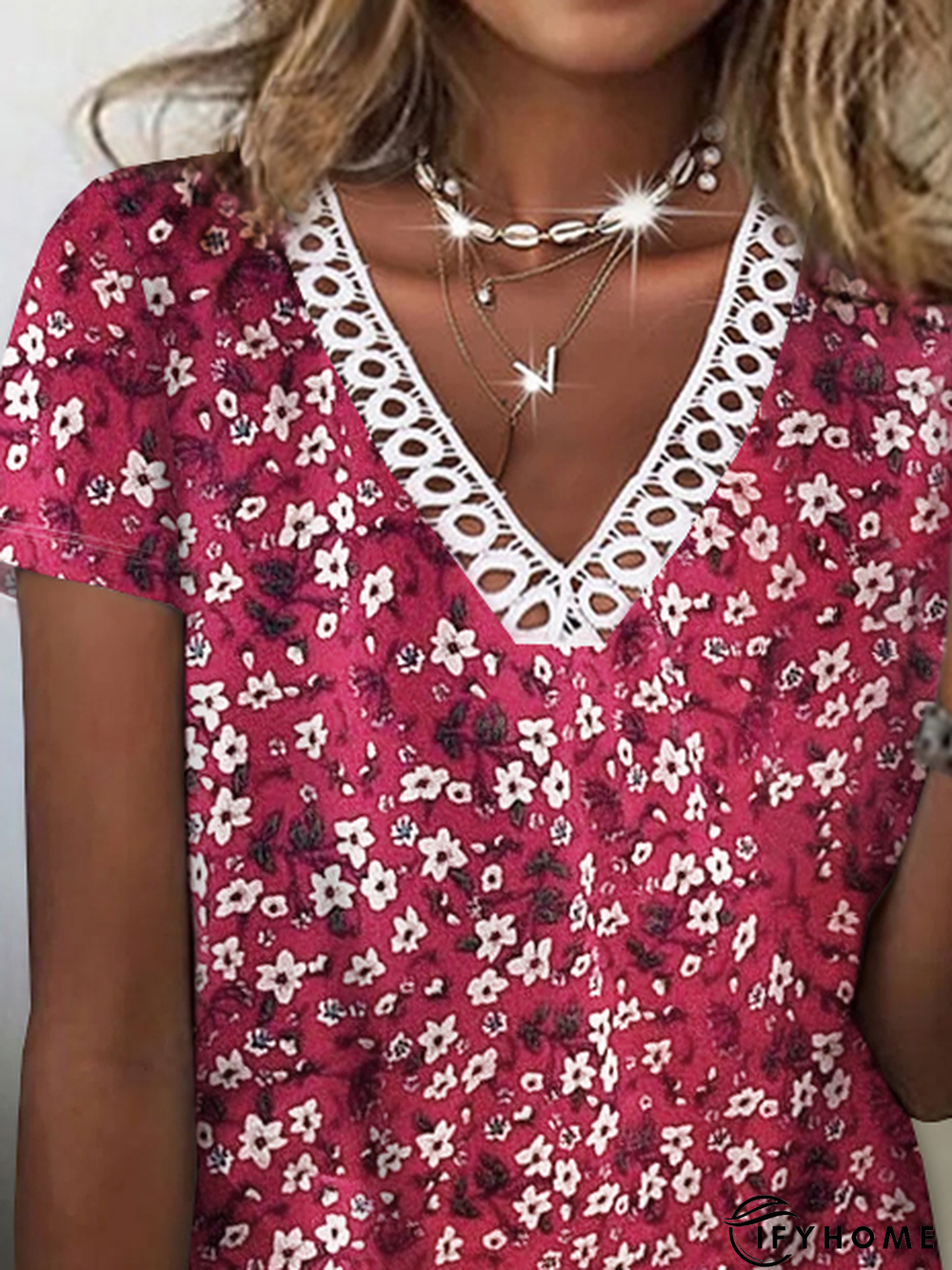 V Neck Floral Short Sleeve T-Shirt | IFYHOME