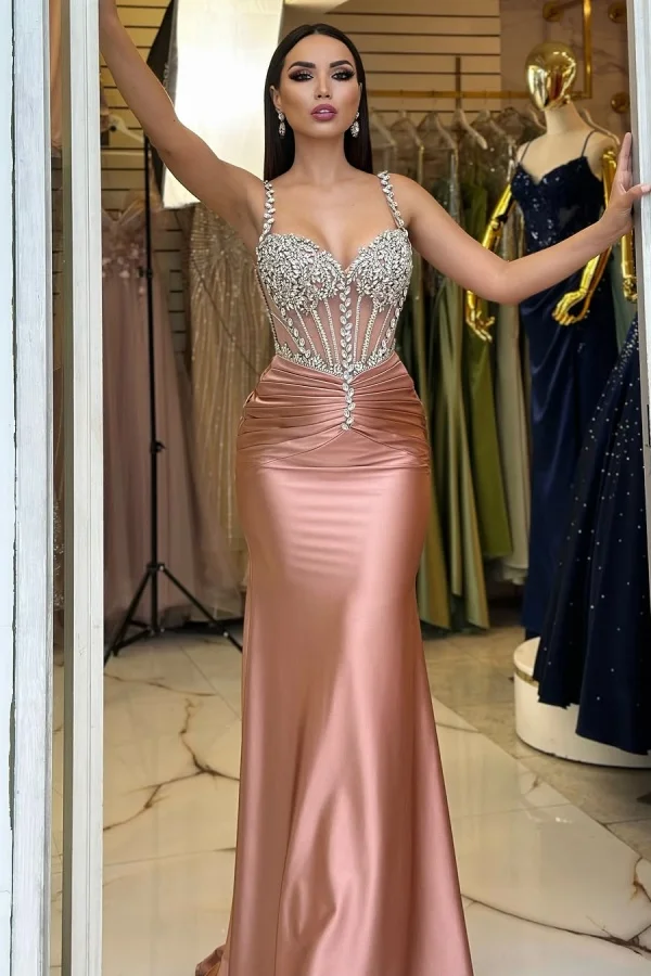 Rose Gold Beaded Gorgeous Mermaid Pleated Prom Dress ZT0647