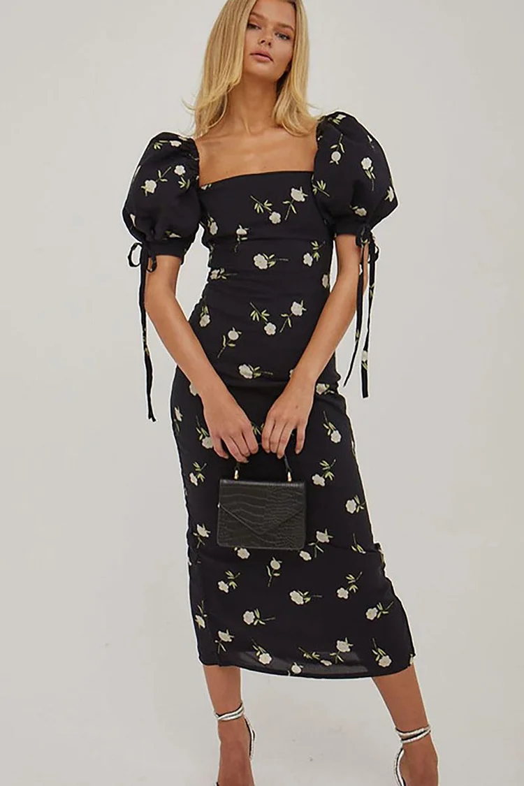 Floral Print Square Neck Tie Up Puff Sleeve Slim Fit Vacation Midi Dresses