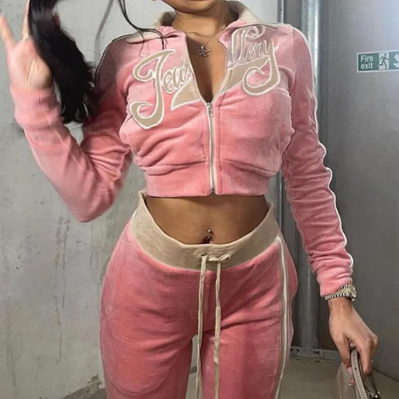 Women Outfit Velvet Tracksuit Letter Print Two Piece Set Streetwear Sweatshirt Straight Sweatpants Matching Set Fitness Sporty
