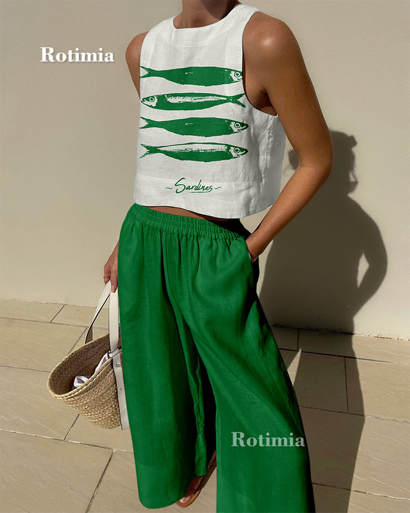 Green sardine print casual two-piece set