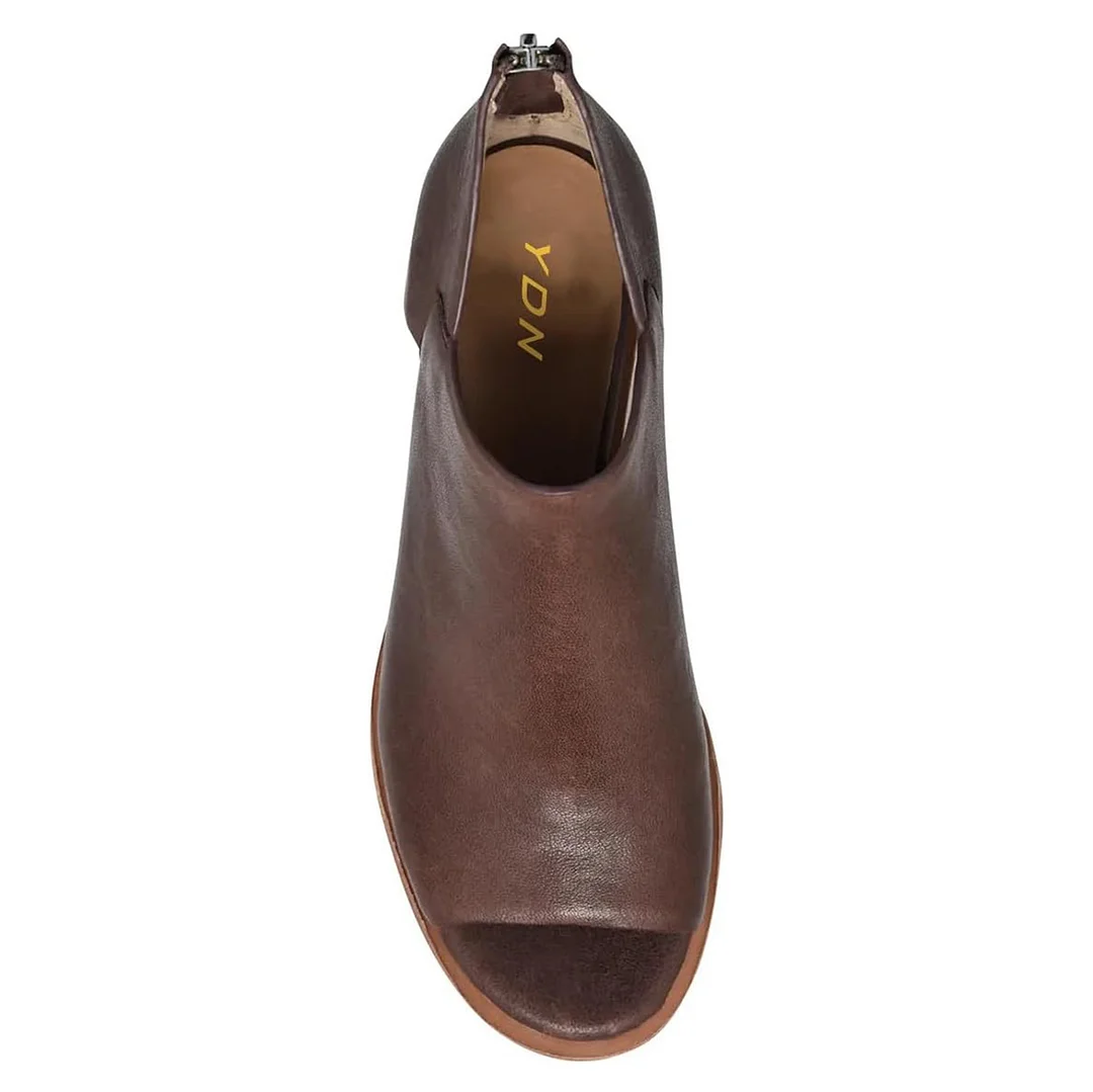 Brown Vegan Leather Square Toe Back-Zip Block Heel Ankle Boots 