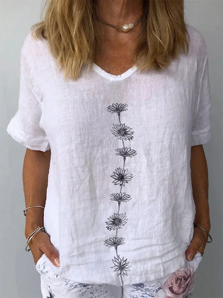 Casual V Neck Floral Short Sleeve Tops