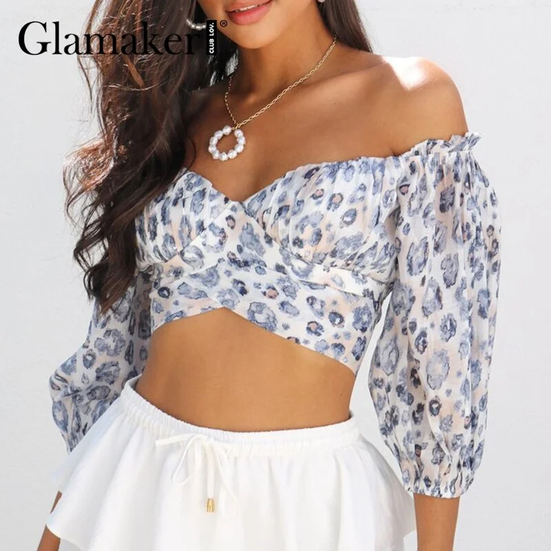 Glamaker Leopard printed chiffon blue elegant blouse Office ladies ruffles fashion crop top Lace up off shoulder slim women top