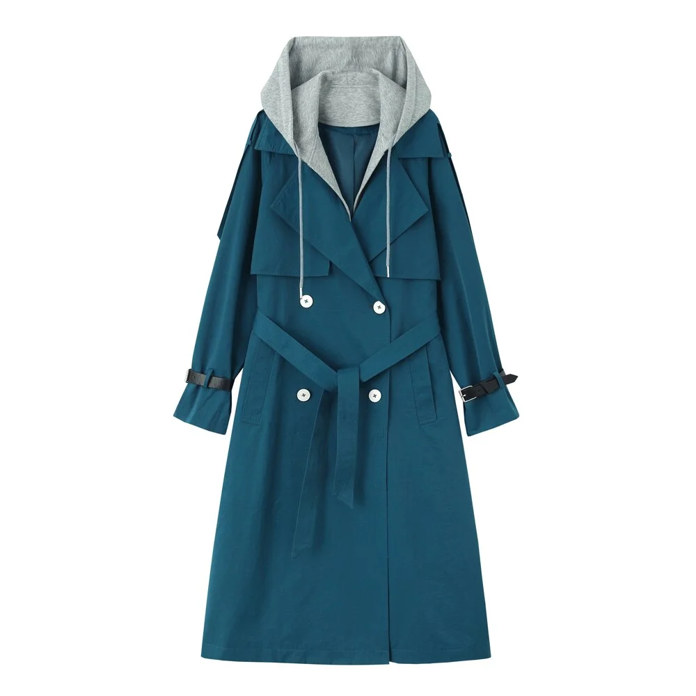 Brand New Fashion Blue Color Women Trench Coat Double-Breasted with Removable Hood Spring Autumn Outerwear Lady Duster Coat