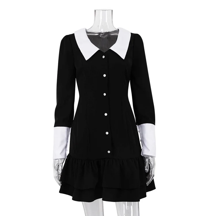Churchf Churchf Wind 2023 Spring And Autumn New French Little Black Dress Fashion Color Lapel Show Thin Wrap Hip Dress Women