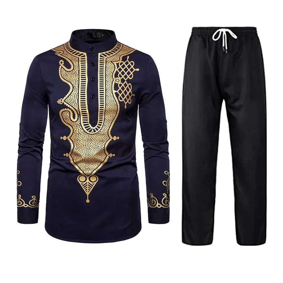 Fashion luxury black and gold geometric print high collar fashion men's robe two pieces