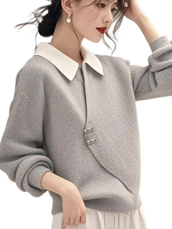 Athvotar Athvotar Gray Fake Two Knitted Sweater Women's Autumn And Winter Korean Atmosphere Relaxed Leisure Polo Collar Top