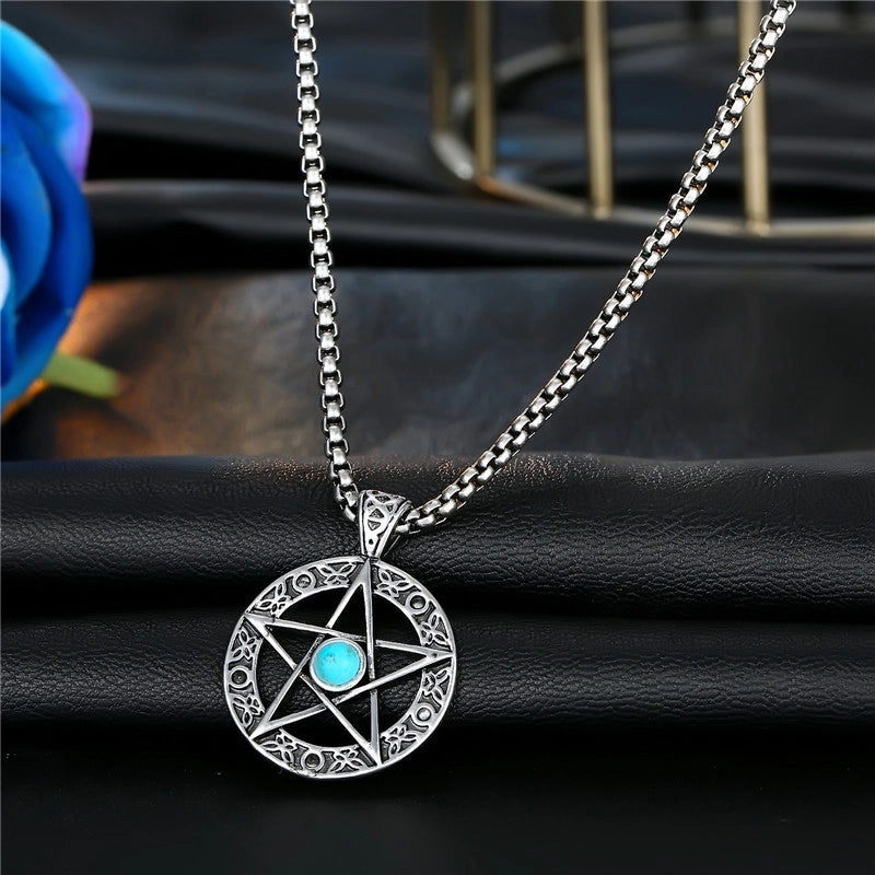 Retro Silver Hollow Five-pointed Star Round Scissors Feather Wings Alloy Pendant Necklace