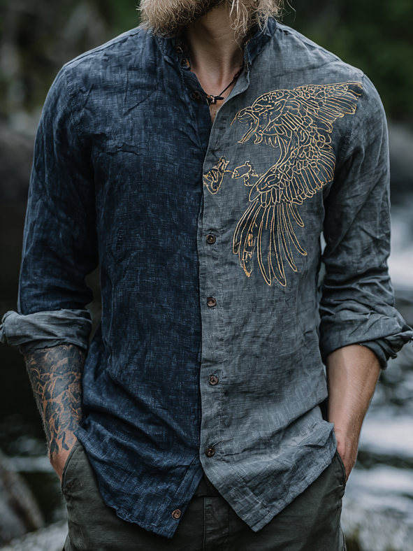 Men's Viking-Inspired Golden Raven Two-Tone Long Sleeve Linen Shirt / Rvogue / Rvogue