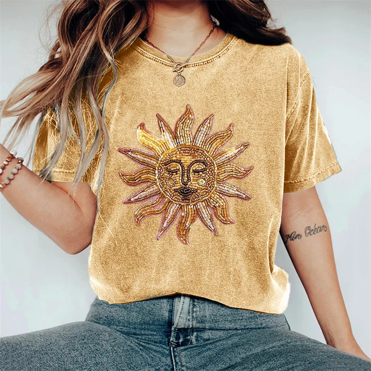 VChics Litha Boho Sun Glitter Beaded Embroidered Washed T Shirt