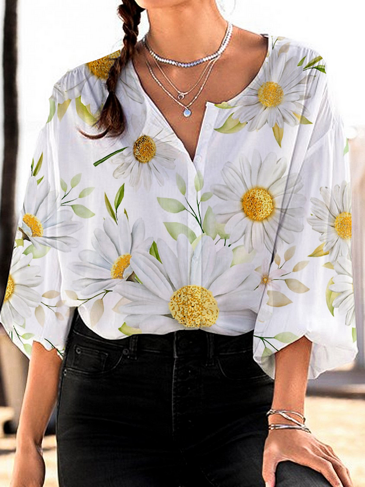 Women's Round Neck Puff Sleeve Cotton Blend Sunflower Print Long Sleeve Top socialshop