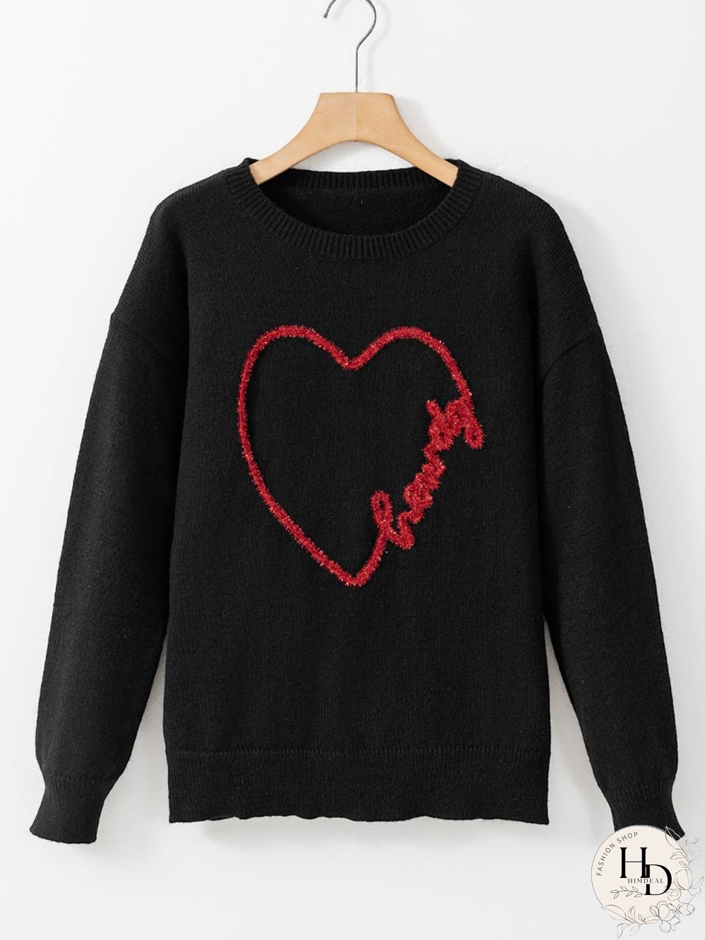 Heartfelt Black Graphic Round Neck Sweater