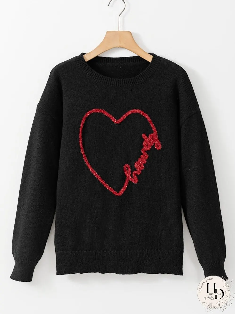 Heartfelt Black Graphic Round Neck Sweater