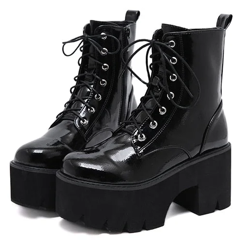Gdgydh Woman Lace Autumn Boots Womens Ladies Chunky Wedge Platform Black Patent Leather Ankle Boots Punk Goth New Arrival 2021
