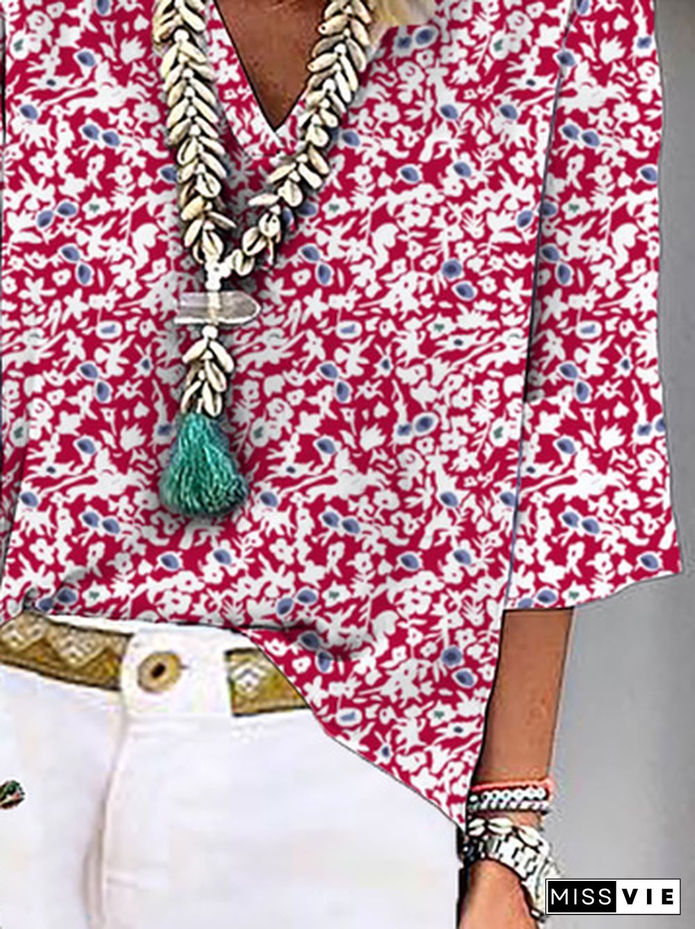 V Neck Floral Casual Tops