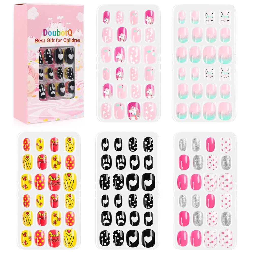 140Pcs Child Nails Kids False Nails Girls Cartoon Press on Fake Nails Colorful Full Cover Nails Cute Short Nail Tips Kits-Nail Inspo