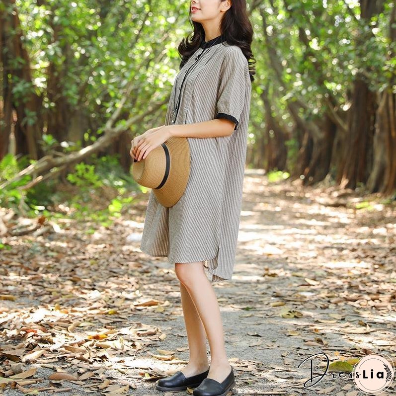 Women Stand Collar Buttons Stripe Pockets 1/2 Sleeve Dress