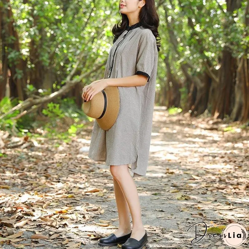 Women Stand Collar Buttons Stripe Pockets 1/2 Sleeve Dress