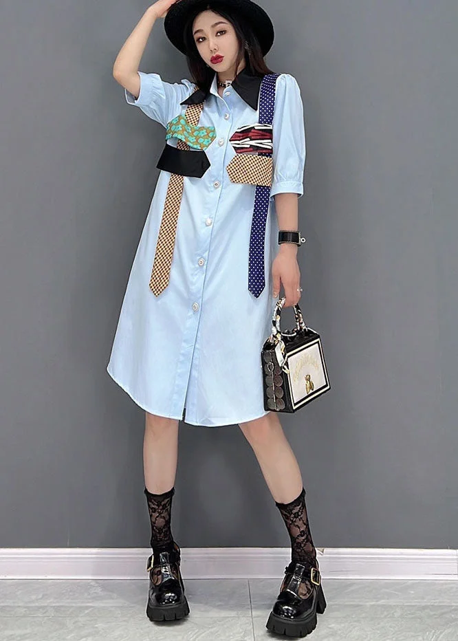 Natural Blue Peter Pan Collar Patchwork Chiffon Shirt Dress Short Sleeve