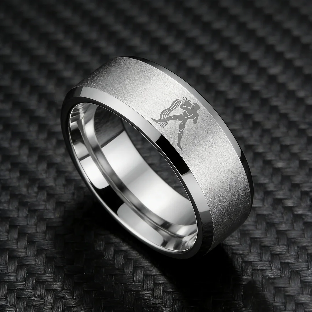 Sliver Aquarius Couple Wedding Band Beveled Edges Sliver Laser Etched Tungsten Carbide Rings 4MM 6MM 8MM Width