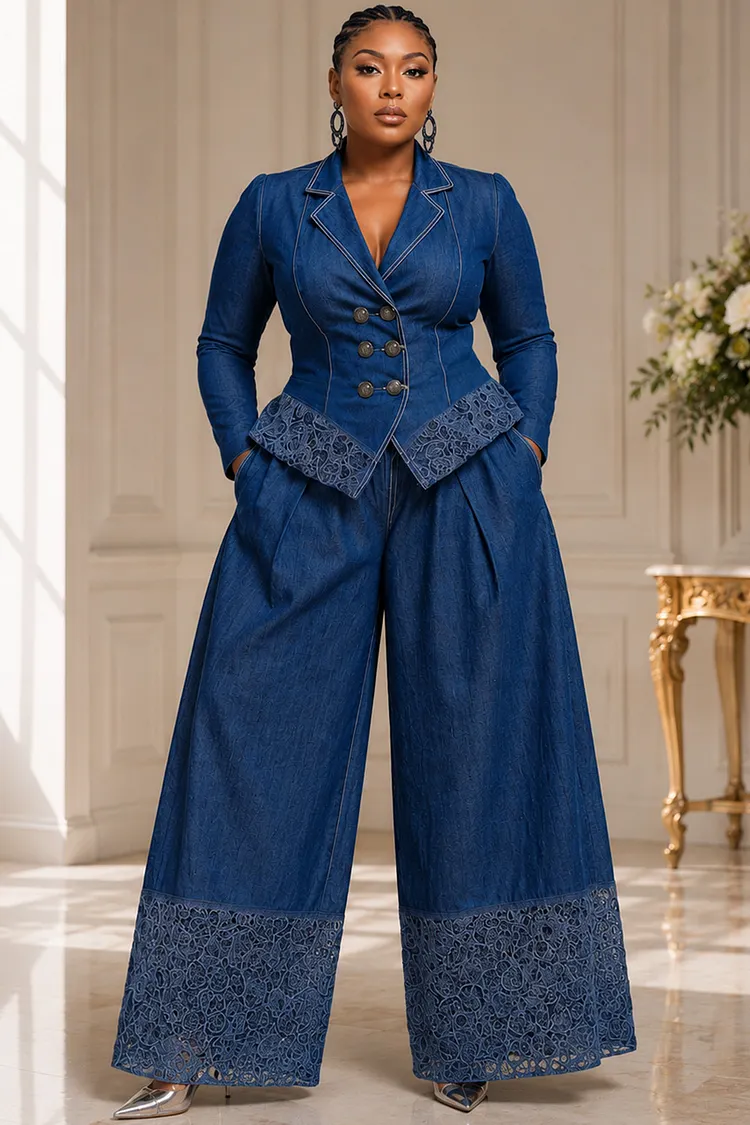 Xpluswear Design Plus Size Business Casual Elegant Blue Turndown Collar Long Sleeve Contrast Pocket Tencel Denim Two Piece Pant Sets [Pre-Order] 2024 - Xpluswear