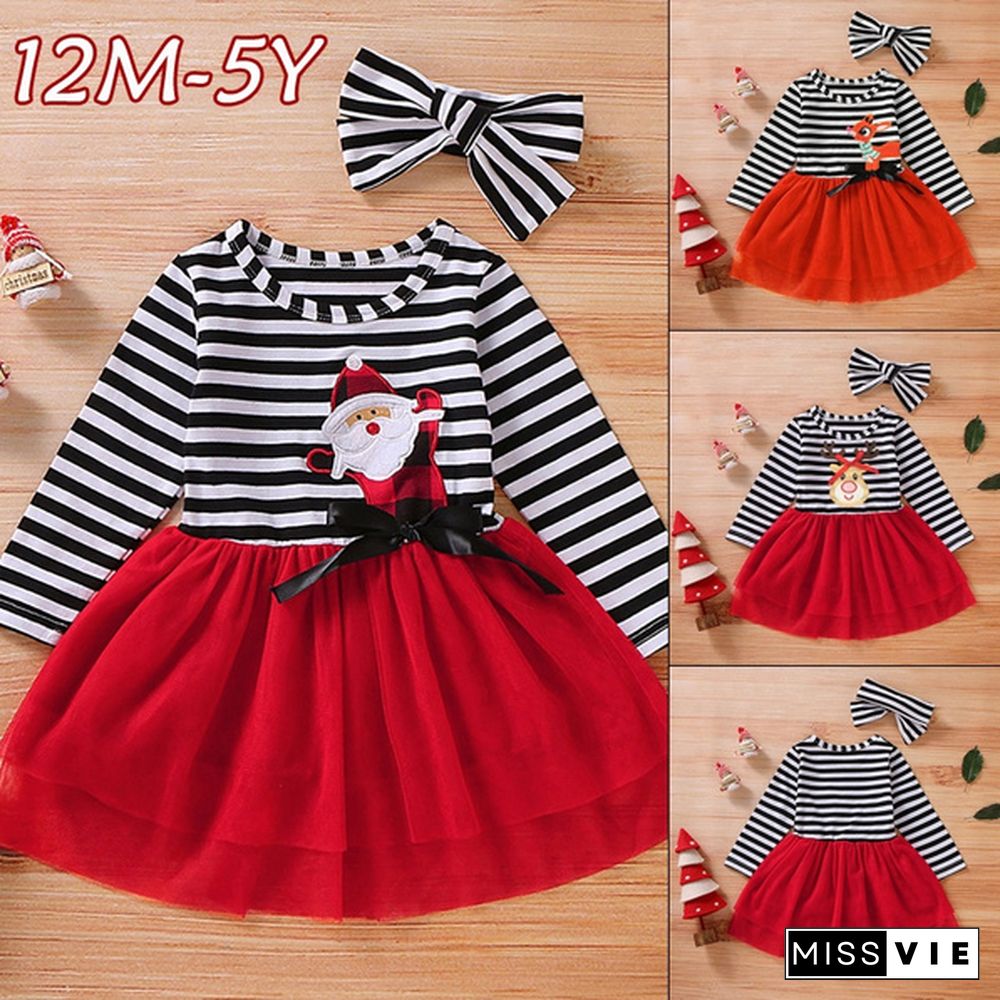 New Fashion Toddler Baby Girls Cute Christmas Santa Striped Print Tulle DressHeadband