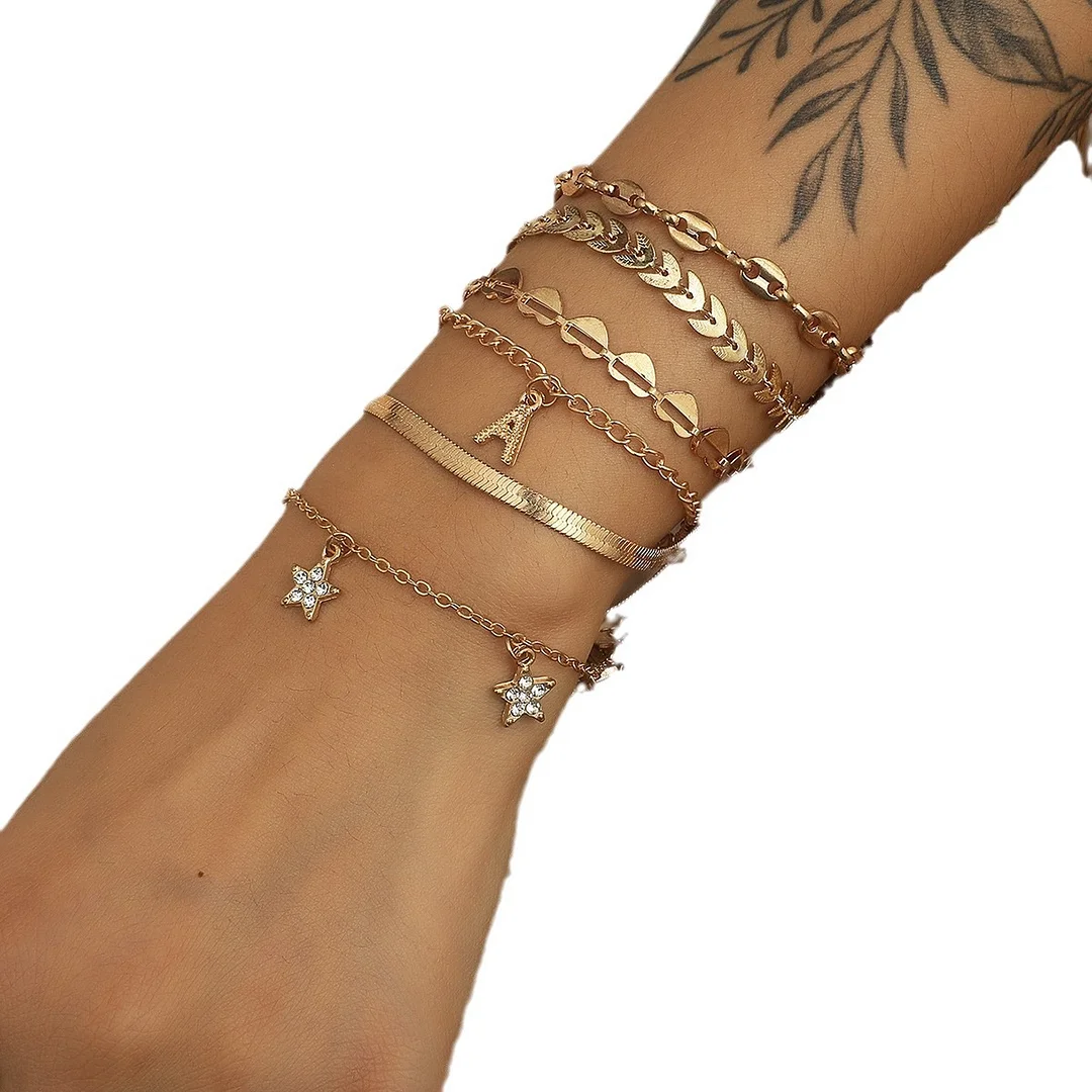 Multi-Element Gold-Plated Bracelet Star, Zirconia, Heart, Leaf Set