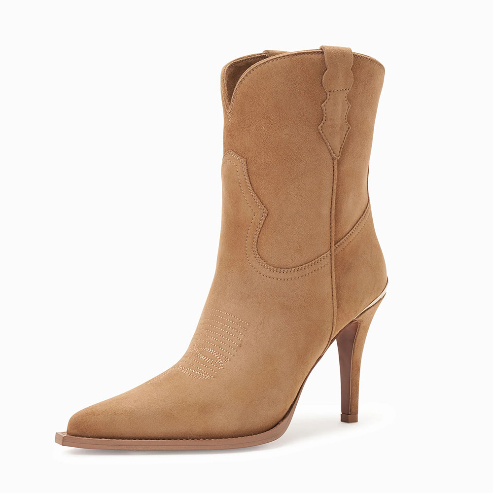 Tan Vegan Suede Stiletto Heel Pointed Toe Western Boots for Women