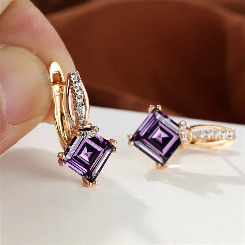 Charm Blue Square Stone Earrings Female Luxury Rainbow Crystal Hoop Earrings Rose Gold Color Wedding Earrings For Women
