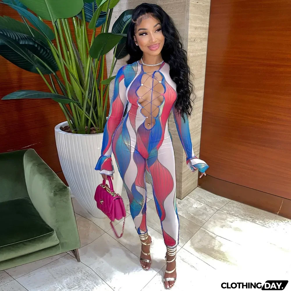 Women Fashion Print Cutout Sexy Jumpsuit
