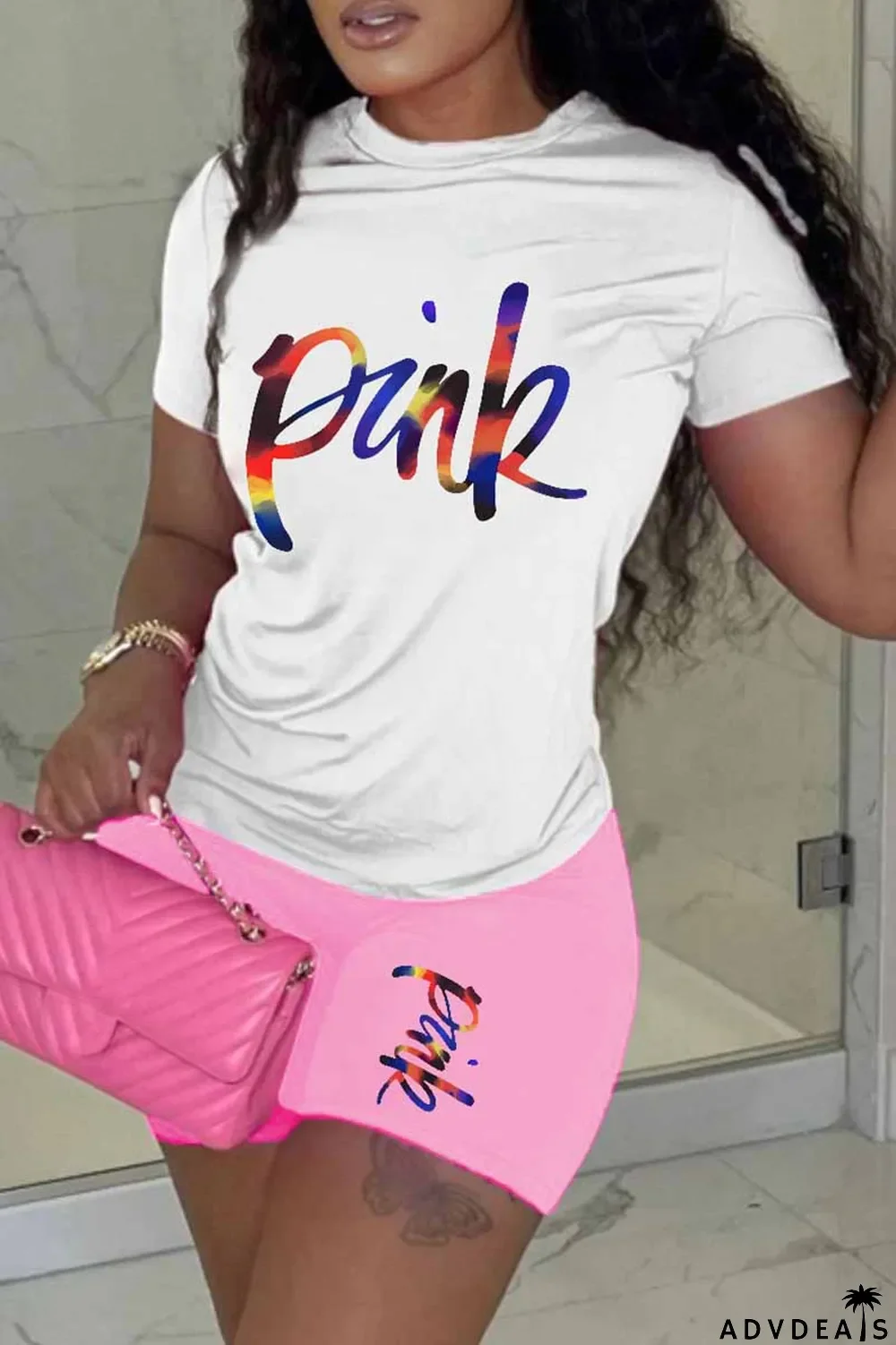 Black Casual Print Letter O Neck Short Sleeve Two Pieces