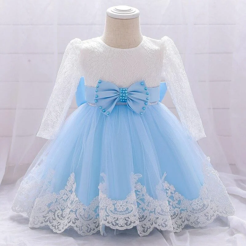 2021 Child Big Bow Baptism 1st Birthday Dress For Baby Girl Clothes Long Sleeve Princess Dresses Party And Wedding Infant Dress