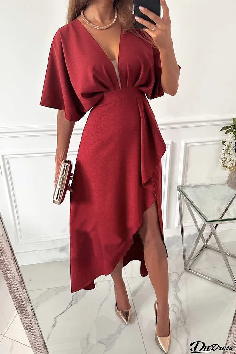 Elegant Solid Asymmetrical V Neck Irregular Dress Dresses