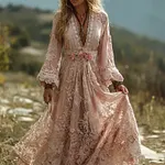 Vintage Boho Floral Lace Art Flowy Linen Maxi Dress - Image 2