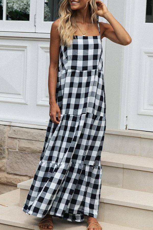 Womens Fashion Plaid Sling Halter Dress-Allyzone-Allyzone
