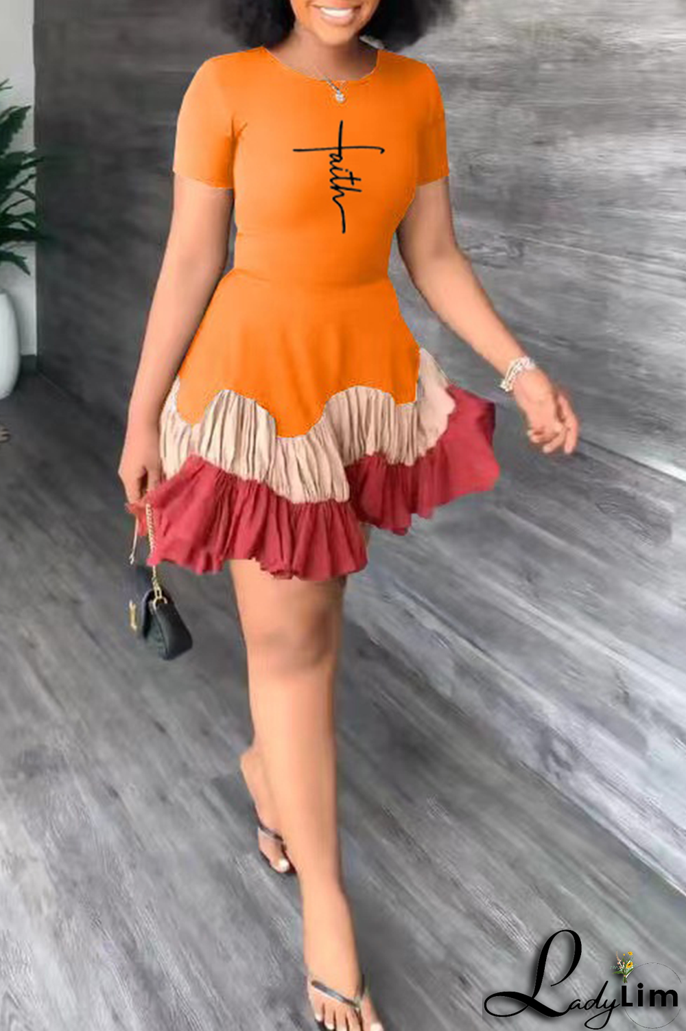 Black Fashion Print Flounce O Neck Cake Skirt Dresses