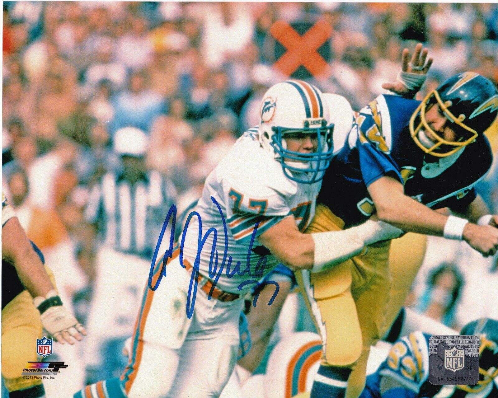 A.J. DUHE MIAMI DOLPHINS SACKING FOUTS ACTION SIGNED 8x10