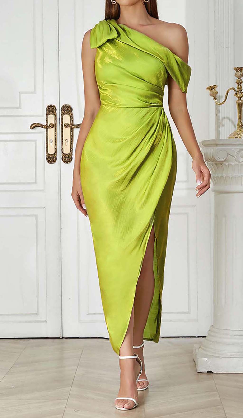 One Shoulder Side Asymmetrical Maxi Dress In Green Flowering Girl